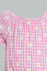 Redtag-Pink-Gingham-Checks-Crop-Top-And-Skirt-Sets-Infant-Girls-3 to 24 Months