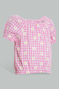 Redtag-Pink-Gingham-Checks-Crop-Top-And-Skirt-Sets-Infant-Girls-3 to 24 Months