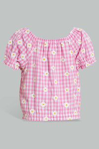 Redtag-Pink-Gingham-Checks-Crop-Top-And-Skirt-Sets-Infant-Girls-3 to 24 Months