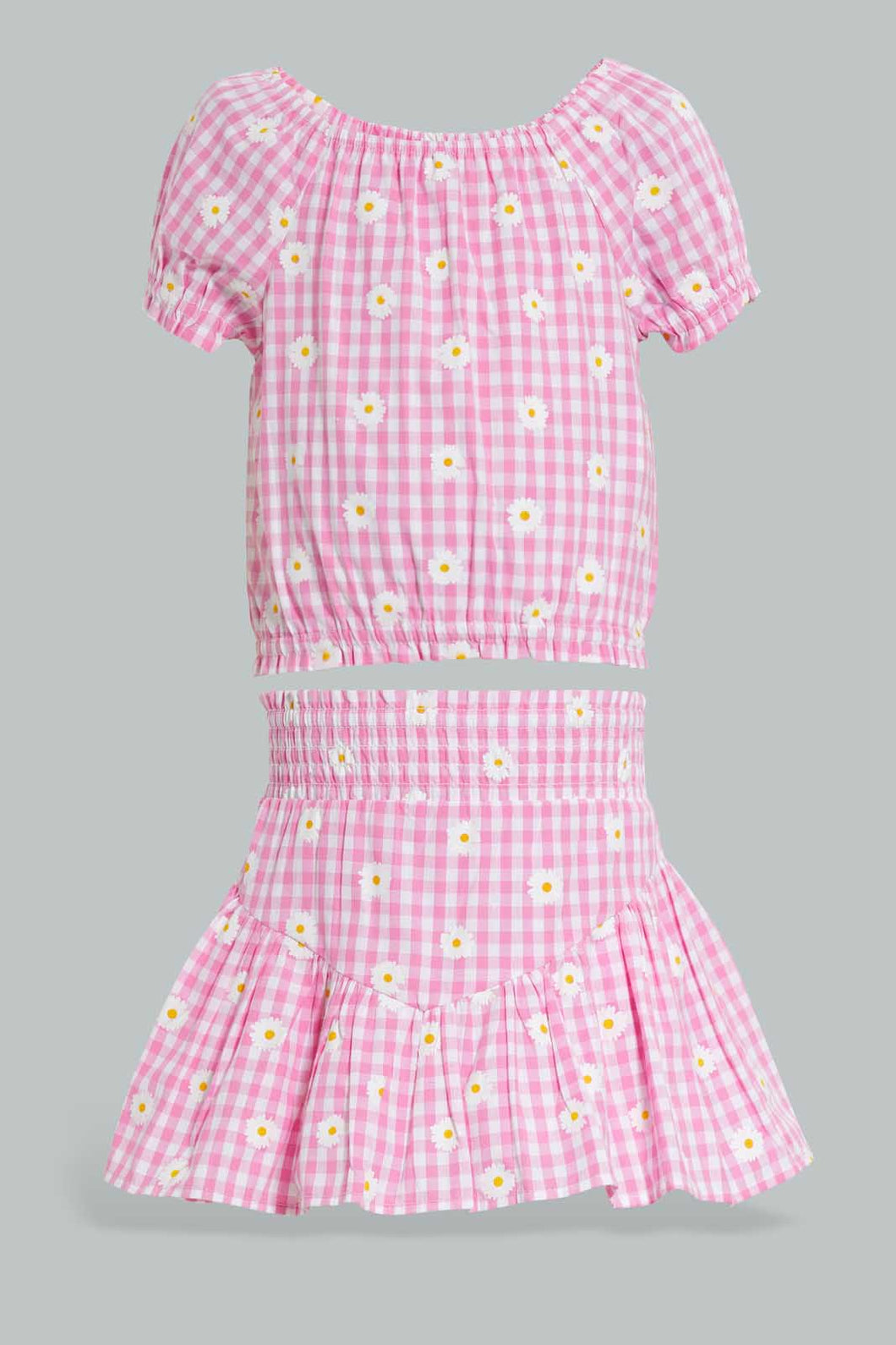 Redtag-Pink-Gingham-Checks-Crop-Top-And-Skirt-Sets-Infant-Girls-3 to 24 Months