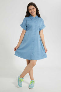 Redtag-Blue-Denim-Shirt-Dress-Dresses-Senior-Girls-9 to 14 Years