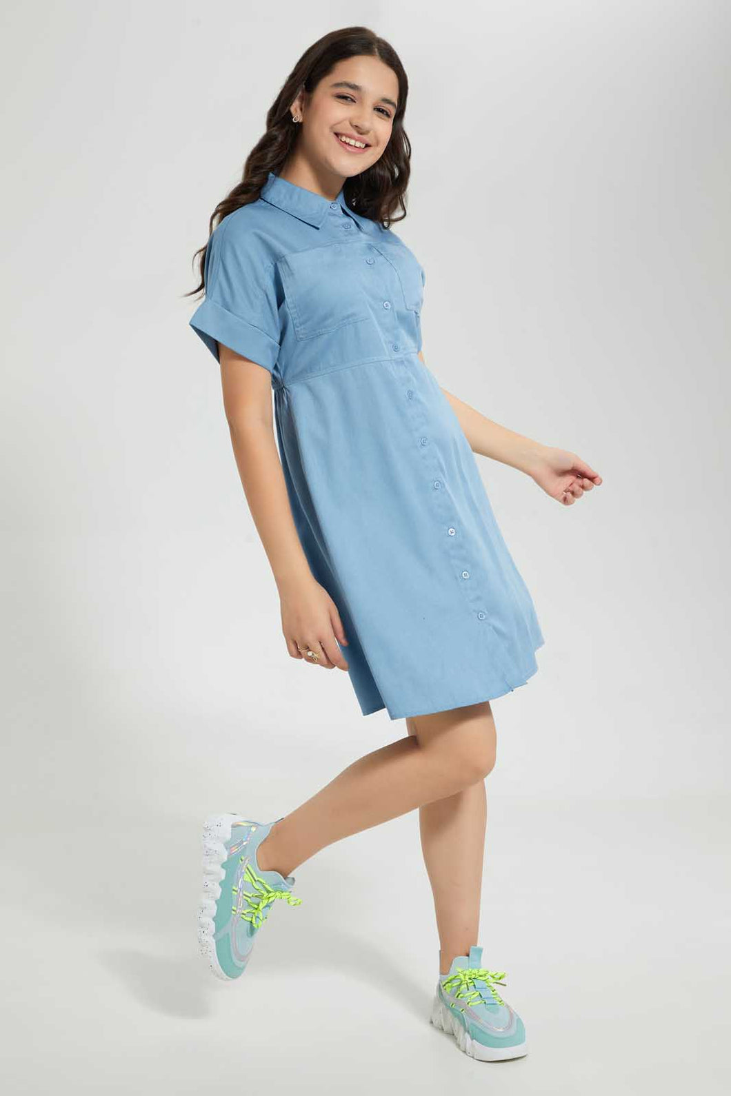 Redtag-Blue-Denim-Shirt-Dress-Dresses-Senior-Girls-9 to 14 Years