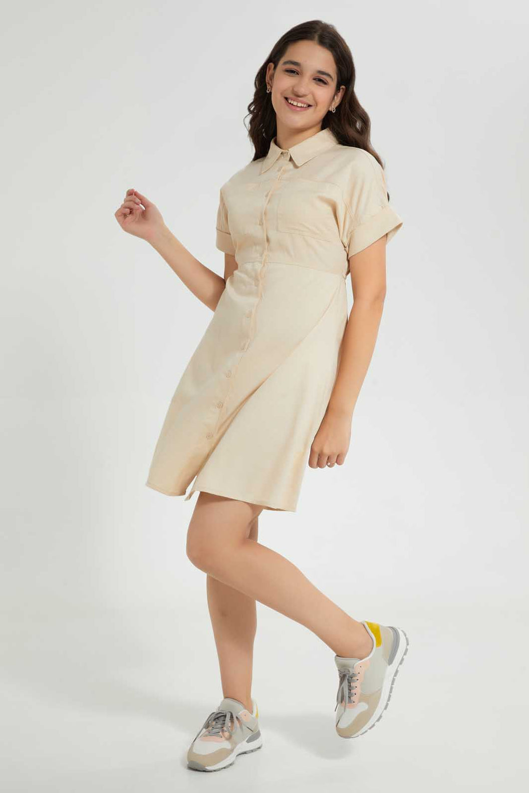 Redtag-Beige-Shirt-Dress-Dresses-Senior-Girls-9 to 14 Years