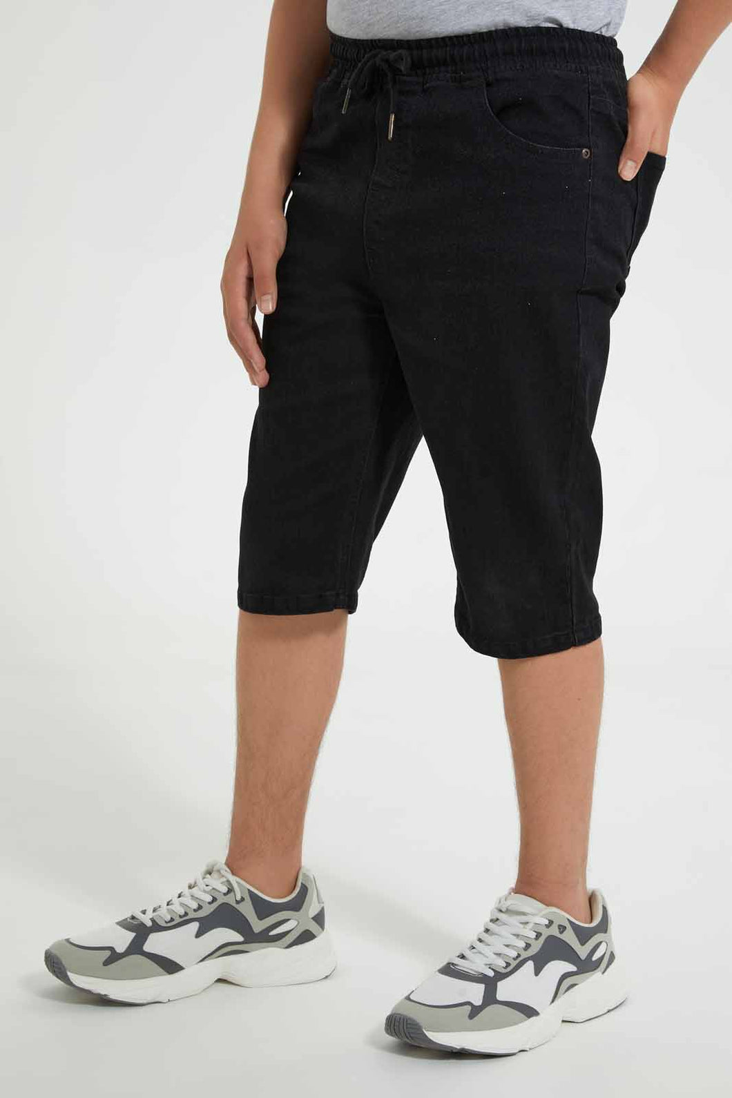 Redtag-Black-Pull-On-Short-Denim-Shorts-Senior-Boys-9 to 14 Years