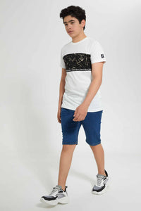 Redtag-Blue-Pull-On-Short-Denim-Shorts-Senior-Boys-9 to 14 Years