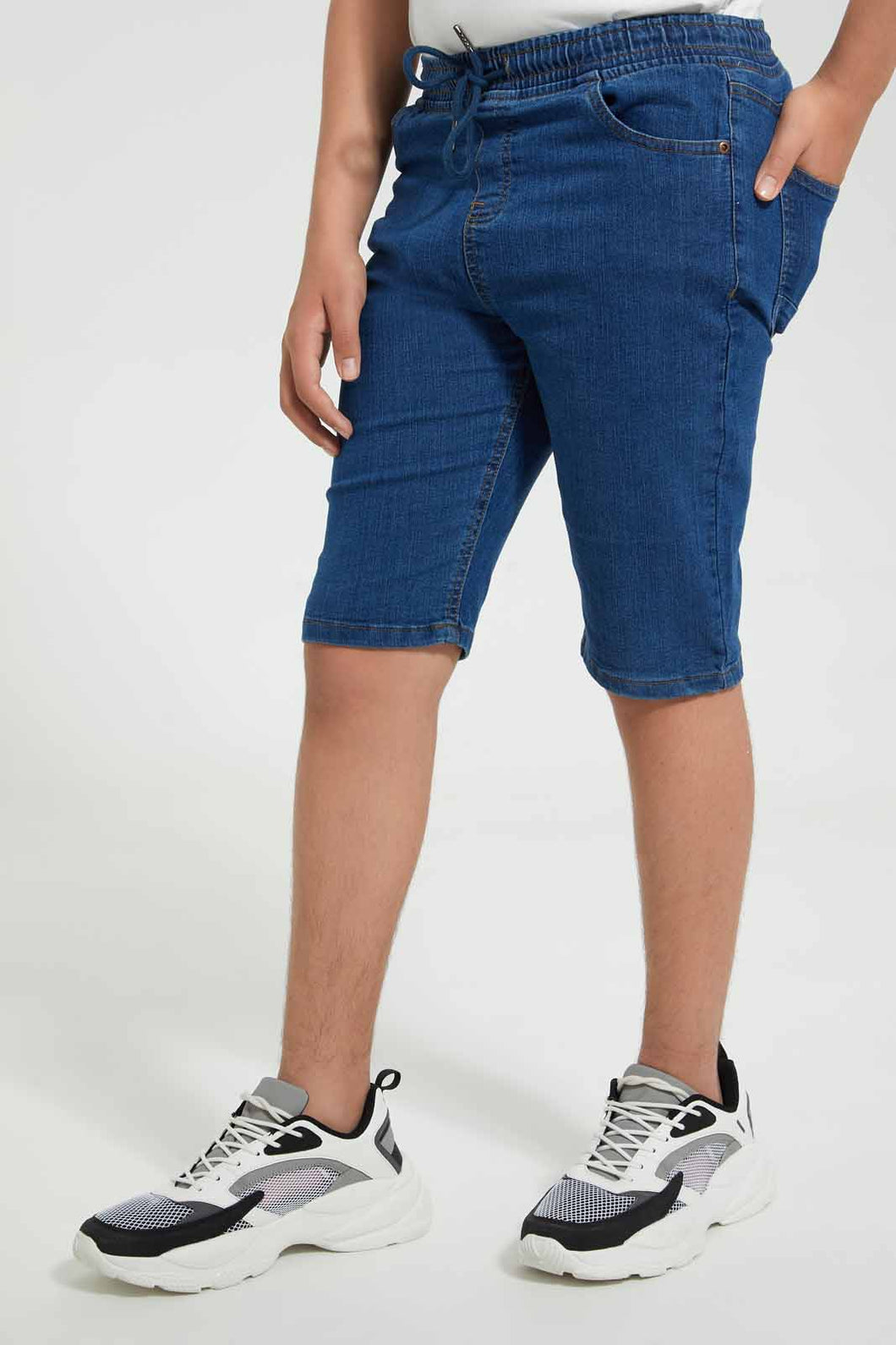 Redtag-Blue-Pull-On-Short-Denim-Shorts-Senior-Boys-9 to 14 Years