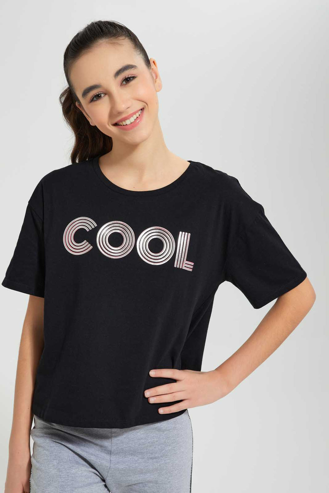 Redtag-Black-High-Density-Print-Boxy-Top-Graphic-Prints-Senior-Girls-9 to 14 Years