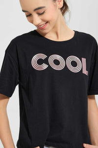 Redtag-Black-High-Density-Print-Boxy-Top-Graphic-Prints-Senior-Girls-9 to 14 Years