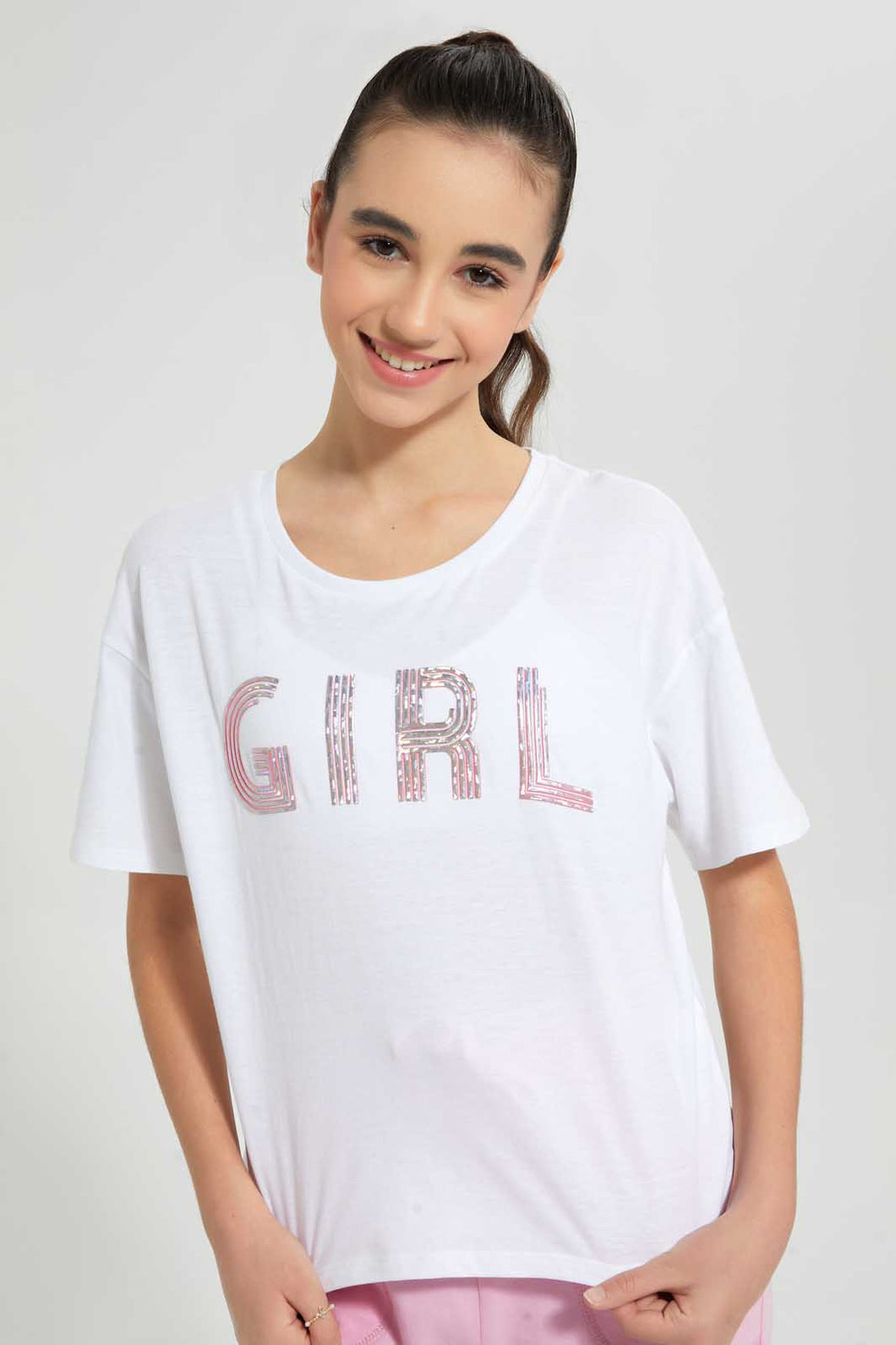 Redtag-White-High-Density-Print-Boxy-Top-Graphic-Prints-Senior-Girls-9 to 14 Years