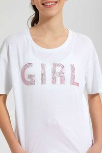 Redtag-White-High-Density-Print-Boxy-Top-Graphic-Prints-Senior-Girls-9 to 14 Years