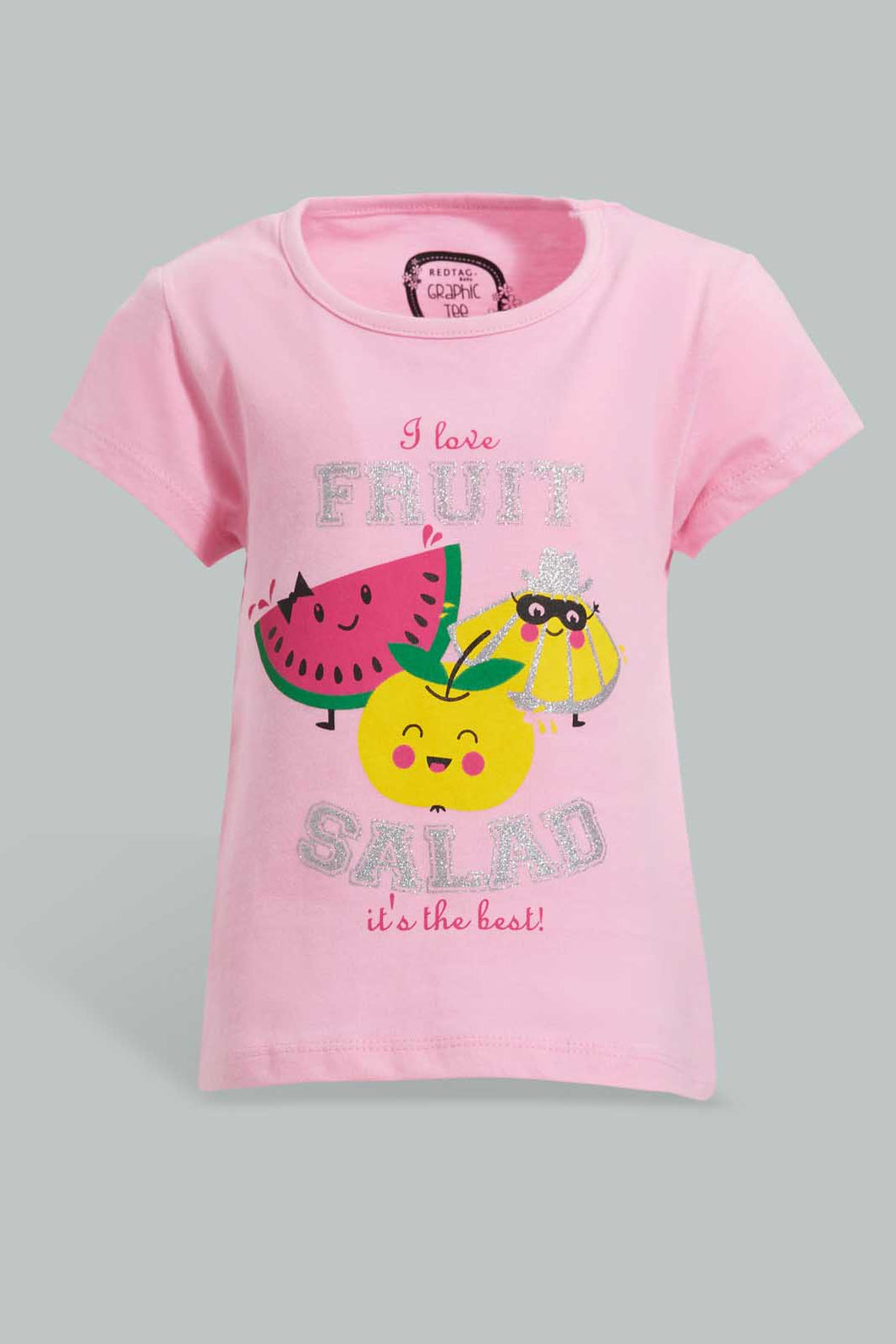 Redtag-Pink-Fruity-Salad-Placement-Print-T-Shirt-Graphic-T-Shirts-Infant-Girls-3 to 24 Months