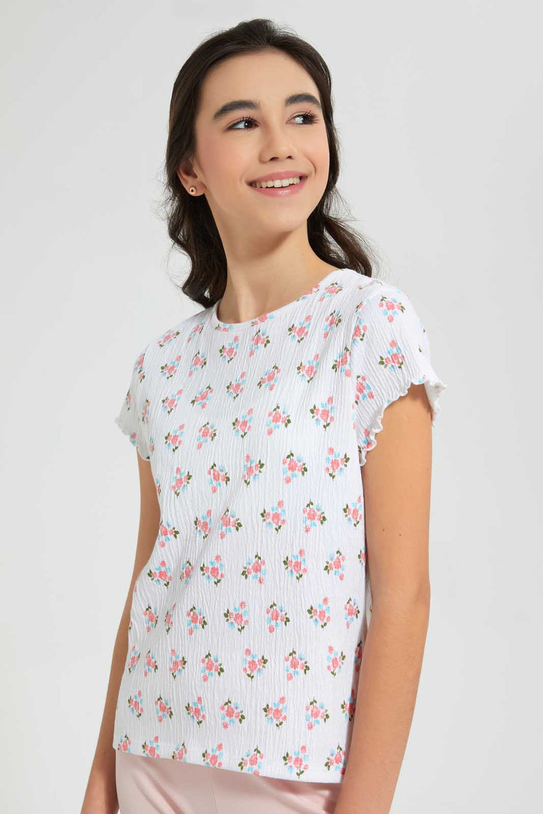 Redtag-White-Floral-Jacquard-Top-All-Over-Prints-Senior-Girls-9 to 14 Years