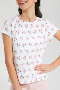Redtag-White-Floral-Jacquard-Top-All-Over-Prints-Senior-Girls-9 to 14 Years