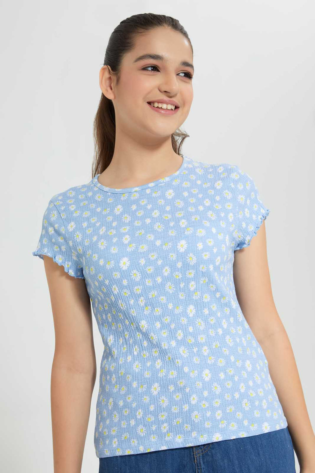 Redtag-Blue/Yellow-Floral-Jacquard-Top-Graphic-T-Shirts-Senior-Girls-9 to 14 Years