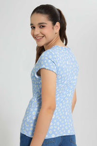 Redtag-Blue/Yellow-Floral-Jacquard-Top-Graphic-T-Shirts-Senior-Girls-9 to 14 Years