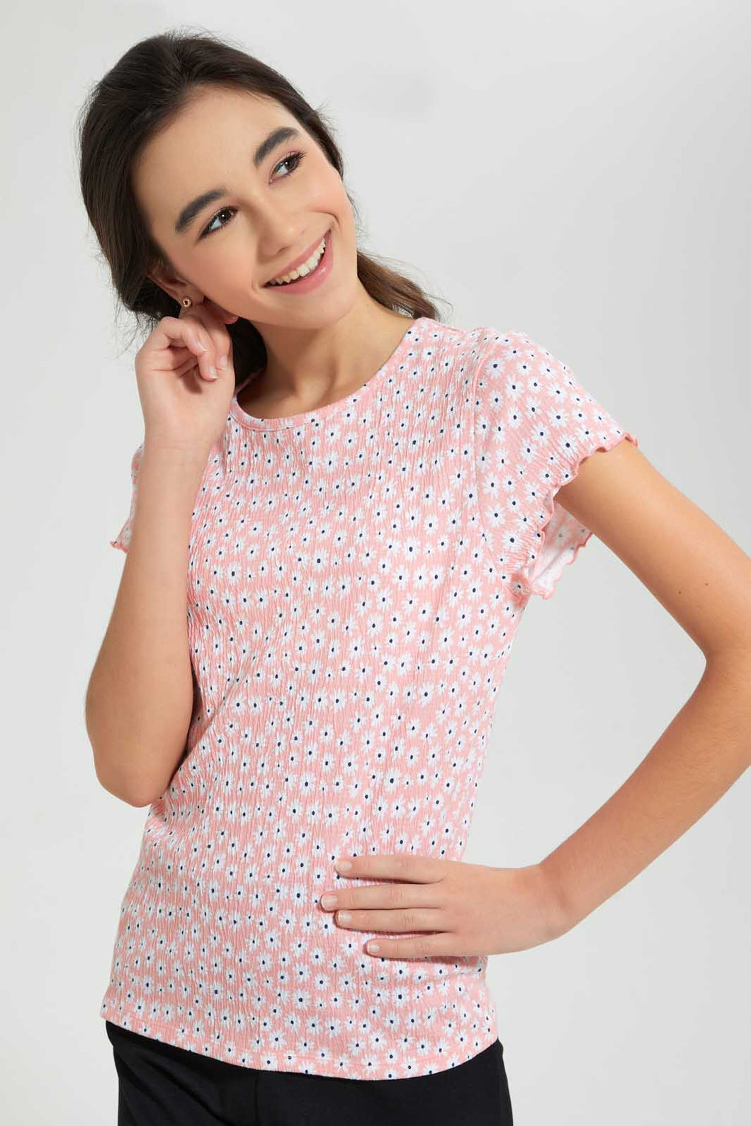 Redtag-Pink-Ditsy-Jacquard-Top-All-Over-Prints-Senior-Girls-9 to 14 Years