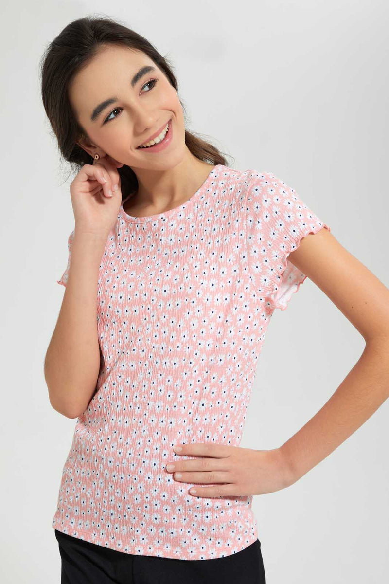 Redtag-Pink-Ditsy-Jacquard-Top-All-Over-Prints-Senior-Girls-9 to 14 Years