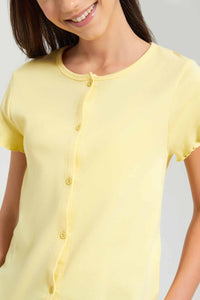 Redtag-Yellow-Front-Placket-T-Shirt-Graphic-T-Shirts-Senior-Girls-9 to 14 Years