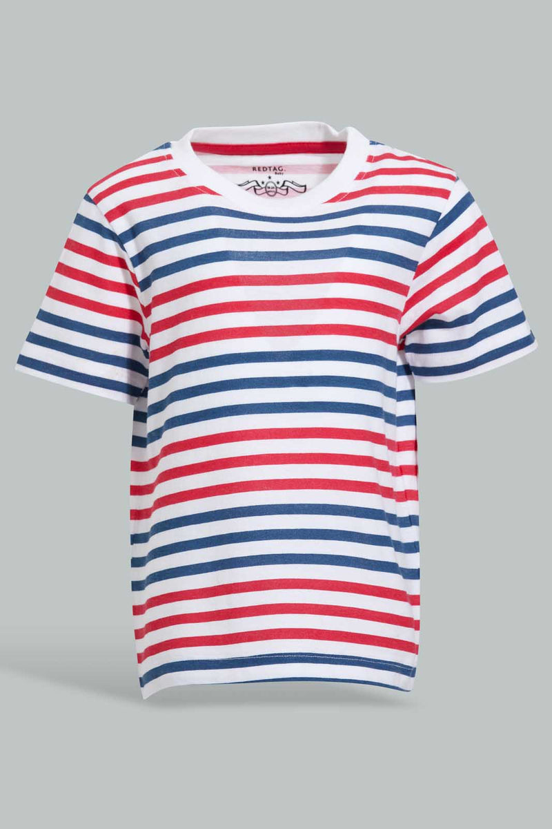 Redtag-White-Red-Striped-Short-Slv-T-Shirt-Striped-Infant-Boys-3 to 24 Months