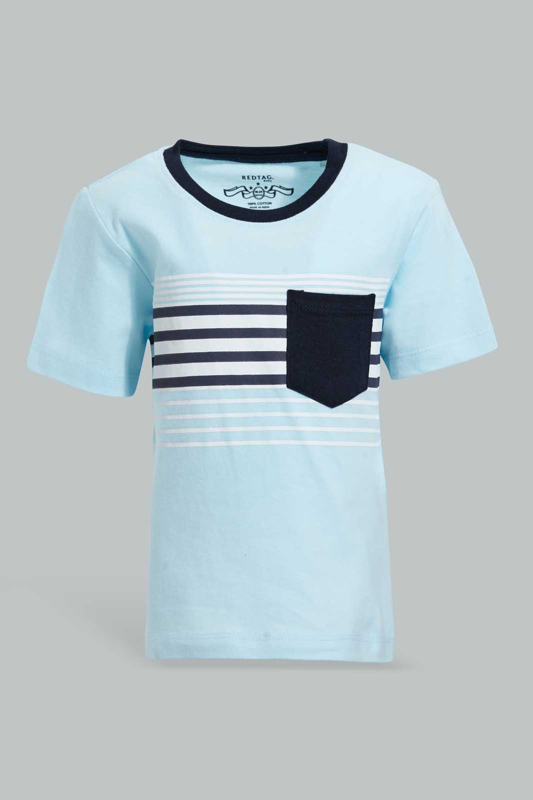 Redtag-Aqua-Striped-Short-Slv-T-Shirt-Striped-T-Shirts-Infant-Boys-3 to 24 Months