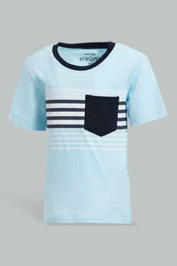 Redtag-Aqua-Striped-Short-Slv-T-Shirt-Striped-T-Shirts-Infant-Boys-3 to 24 Months