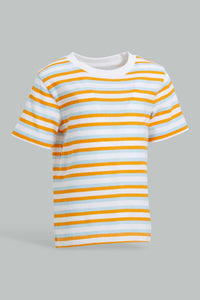 Redtag-Red-Navy-Aqua-Striped-Ss-T-Shirt-Striped-Infant-Boys-3 to 24 Months