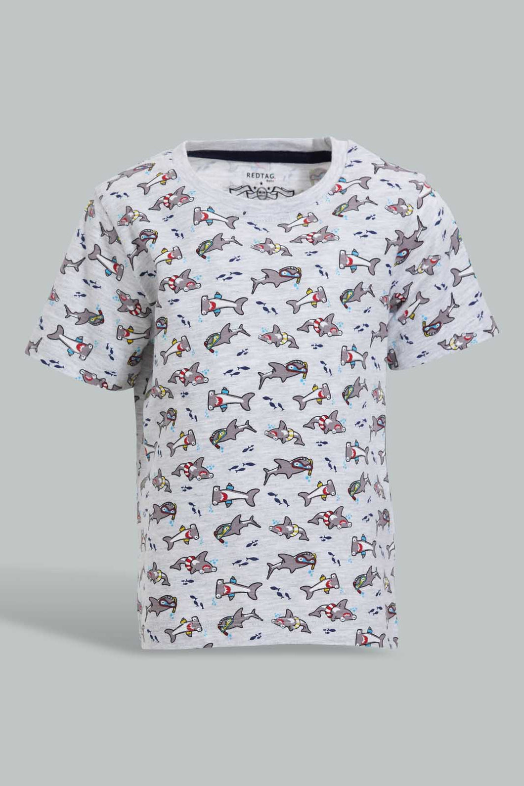 Redtag-Grey-Shark-Printed-Ss-T-Shirt-All-Over-Prints-Infant-Boys-3 to 24 Months