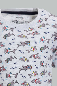 Redtag-Grey-Shark-Printed-Ss-T-Shirt-All-Over-Prints-Infant-Boys-3 to 24 Months