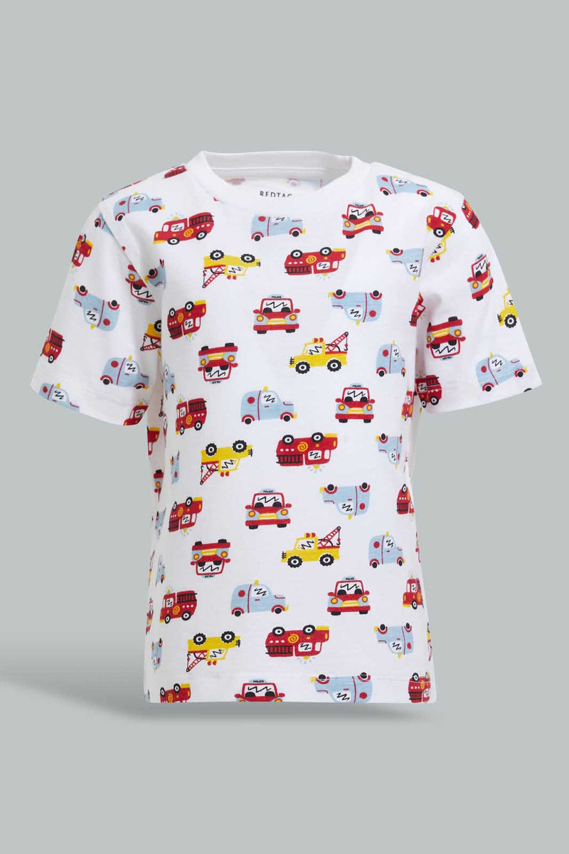 Redtag-White-Car-Printed-Ss-T-Shirt-All-Over-Prints-Infant-Boys-3 to 24 Months