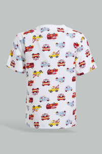 Redtag-White-Car-Printed-Ss-T-Shirt-All-Over-Prints-Infant-Boys-3 to 24 Months