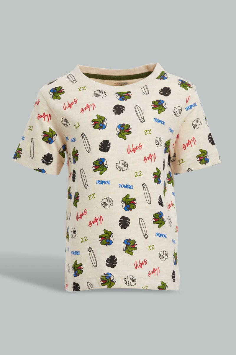 Redtag-Ecru-Dino-Printed-Ss-T-Shirt-All-Over-Prints-Infant-Boys-3 to 24 Months