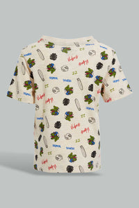 Redtag-Ecru-Dino-Printed-Ss-T-Shirt-All-Over-Prints-Infant-Boys-3 to 24 Months