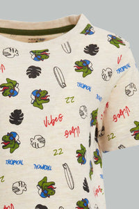 Redtag-Ecru-Dino-Printed-Ss-T-Shirt-All-Over-Prints-Infant-Boys-3 to 24 Months