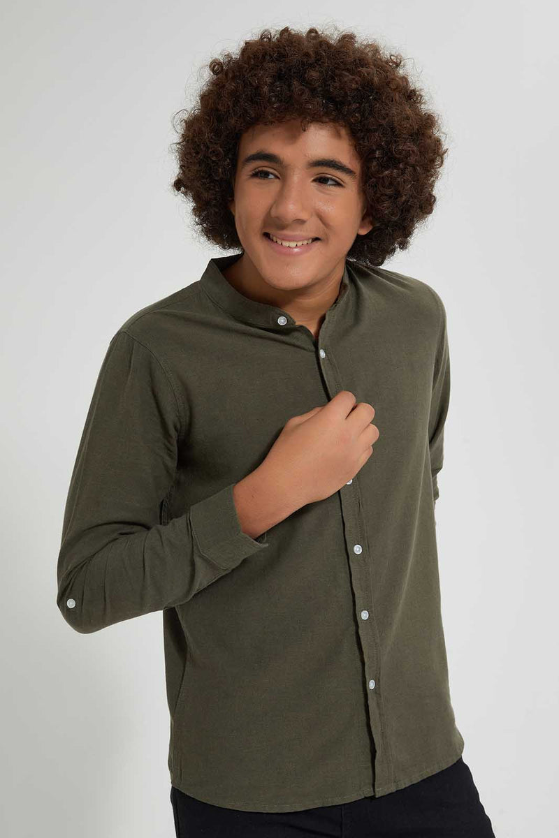 Redtag-Olive-Long-Sleeve-Shirt-Casual-Shirts-Senior-Boys-9 to 14 Years