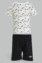 تنزيل الصورة على معرض الصور، Redtag-White-Splatter-Tshirt-And-Black-Short-Basic-Casual-Set-Sets-Infant-Boys-3 to 24 Months
