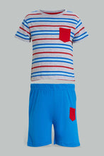 تنزيل الصورة على معرض الصور، Redtag-Grey-And-Red-Tshirt-With-Royal-Short-Casual-Set-Sets-Infant-Boys-3 to 24 Months
