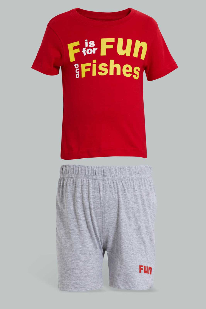 Redtag-Red-Tshirt-With-Grey-Short-Casual-Set-Sets-Infant-Boys-3 to 24 Months