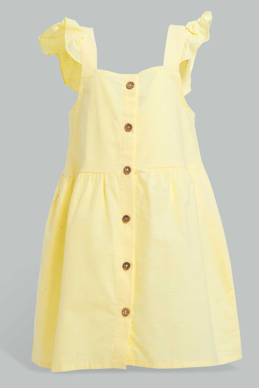 Redtag-Yellow-Front-Buttons-Frill-Sleeves-Dress-Dresses-Infant-Girls-3 to 24 Months