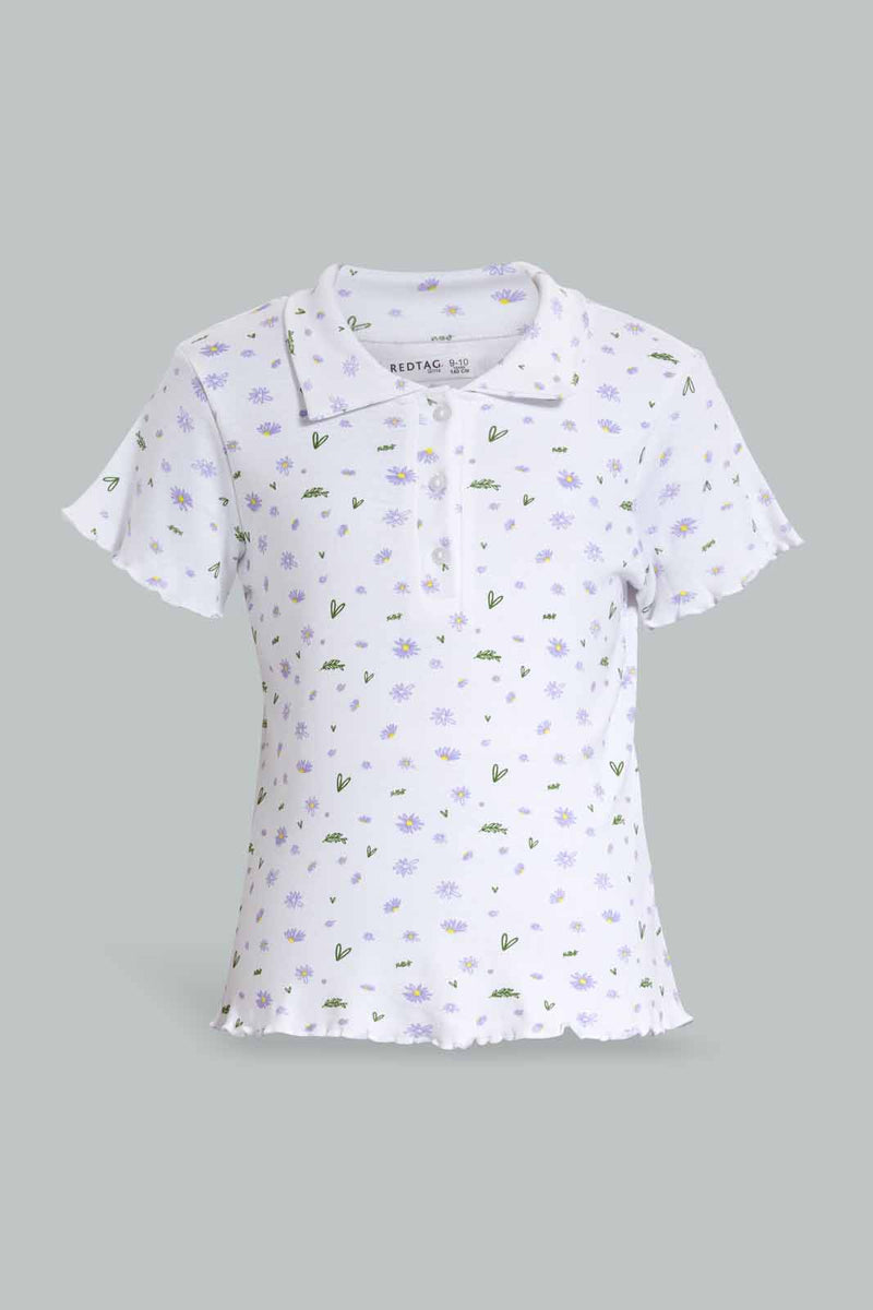 Redtag-Purple/Whitefloral-Print-Collared-Top-Category:T-Shirts,-Colour:Assorted,-Filter:Senior-Girls-(9-to-14-Yrs),-GSR-T-Shirts,-New-In,-New-In-GSR,-Non-Sale,-S22D,-Section:Kidswear,-TBL-Senior-Girls-