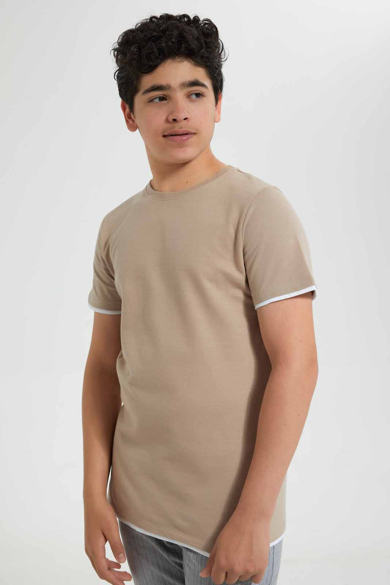 Redtag-Beige-Plain-Jacquard-T-Shirt-Plain-T-Shirts-Senior-Boys-9 to 14 Years