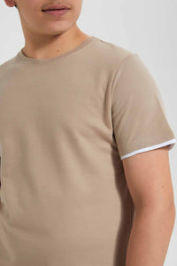 Redtag-Beige-Plain-Jacquard-T-Shirt-Plain-T-Shirts-Senior-Boys-9 to 14 Years