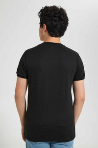 Redtag-Black-Plain-Jacquard-T-Shirt-Plain-T-Shirts-Senior-Boys-9 to 14 Years