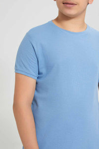 Redtag-Blue-Plain-Jacquard-T-Shirt-Plain-T-Shirts-Senior-Boys-9 to 14 Years