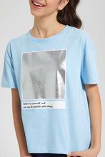 Load image into Gallery viewer, Redtag-Lt-Blue-Drop-Shoulder-Foil-Print-Top-Graphic-Prints-Senior-Girls-9 to 14 Years
