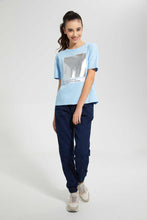 Load image into Gallery viewer, Redtag-Lt-Blue-Drop-Shoulder-Foil-Print-Top-Graphic-Prints-Senior-Girls-9 to 14 Years
