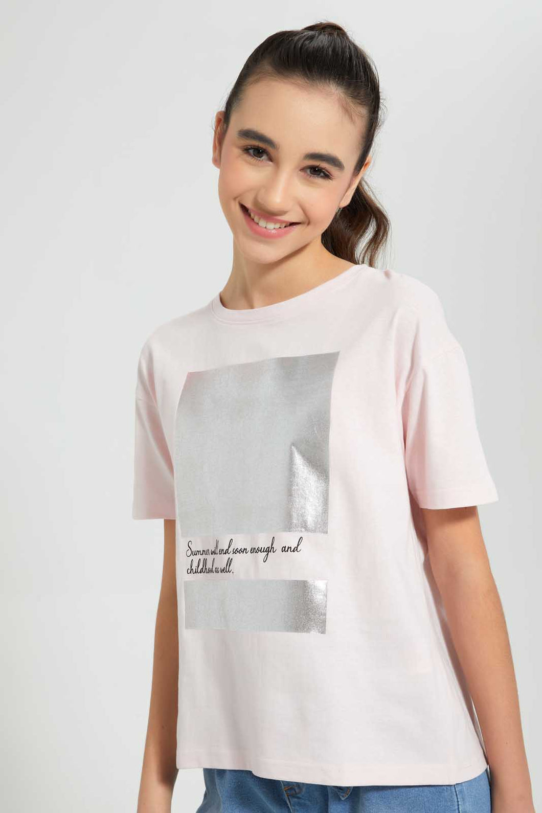 Redtag-Pink-Drop-Shoulder-Foil-Print-Top-Graphic-Prints-Senior-Girls-9 to 14 Years