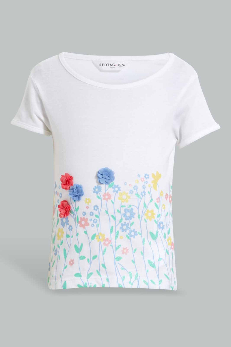 Redtag-White-Floral-Artwork-T-Shirt-Embellished-T-Shirts-Infant-Girls-3 to 24 Months
