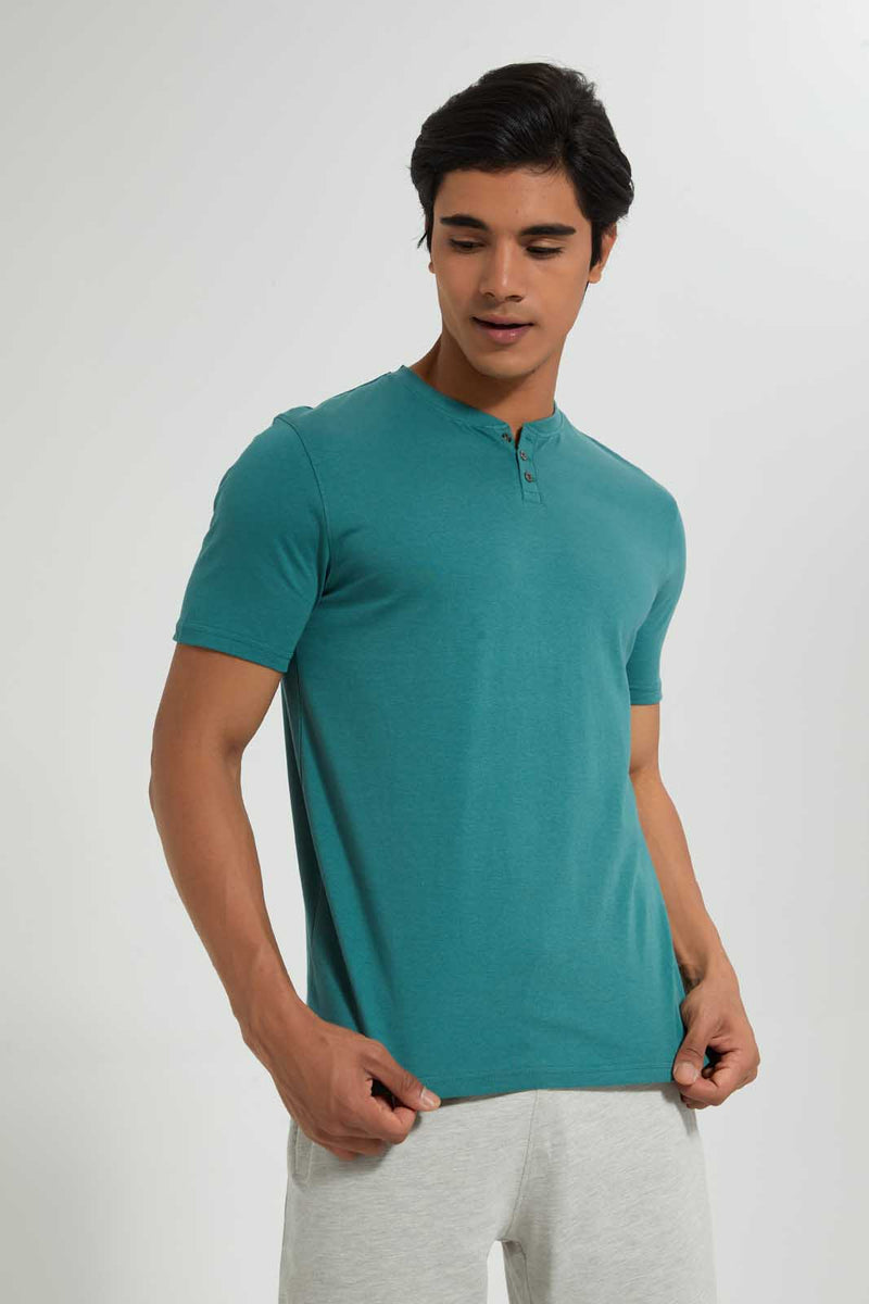 Redtag-Teal-Henley-T-Shirt-Plain-Men's-