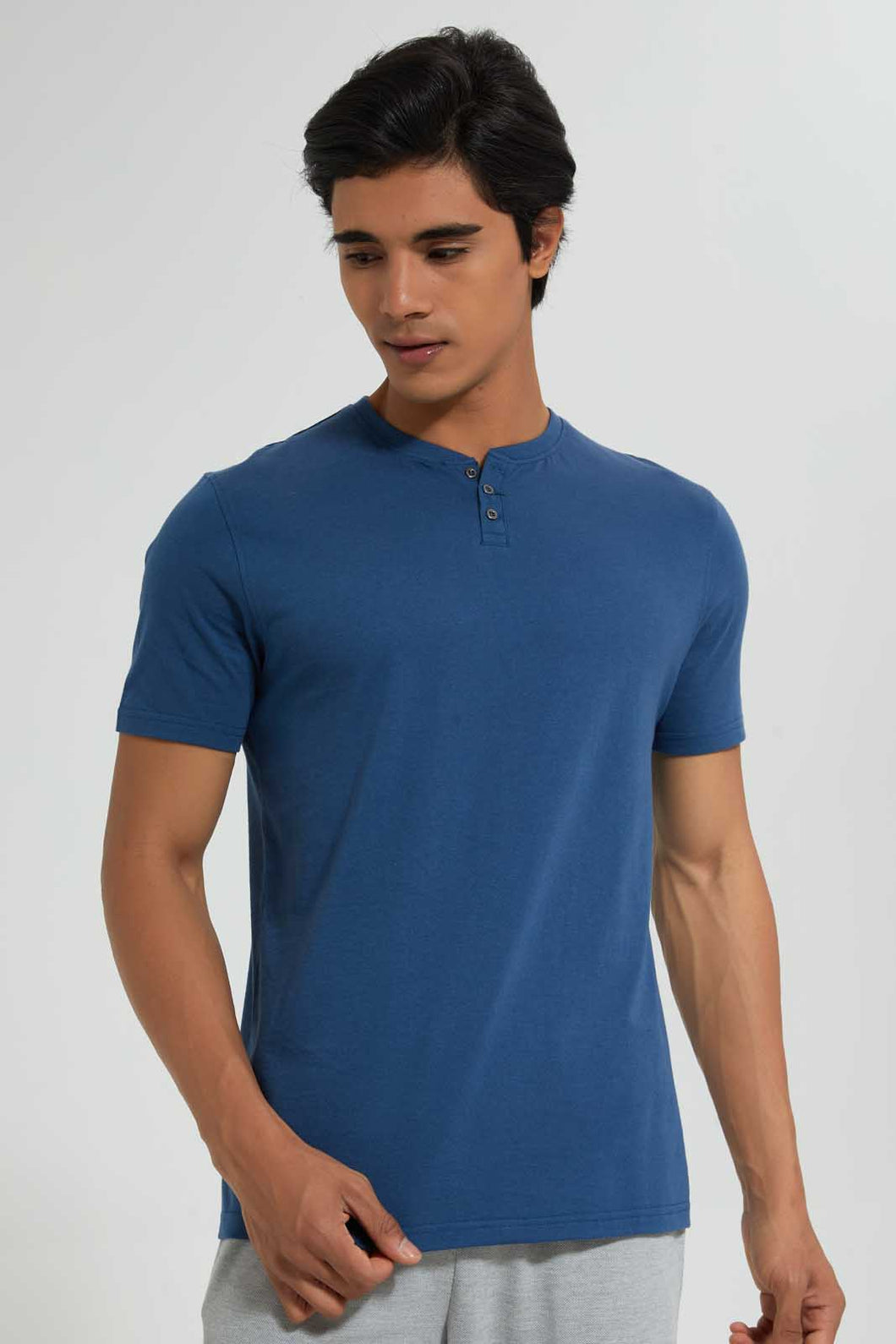 Redtag-Blue-Henley-T-Shirt-Plain-Men's-