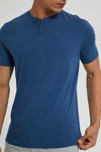 Redtag-Blue-Henley-T-Shirt-Plain-Men's-